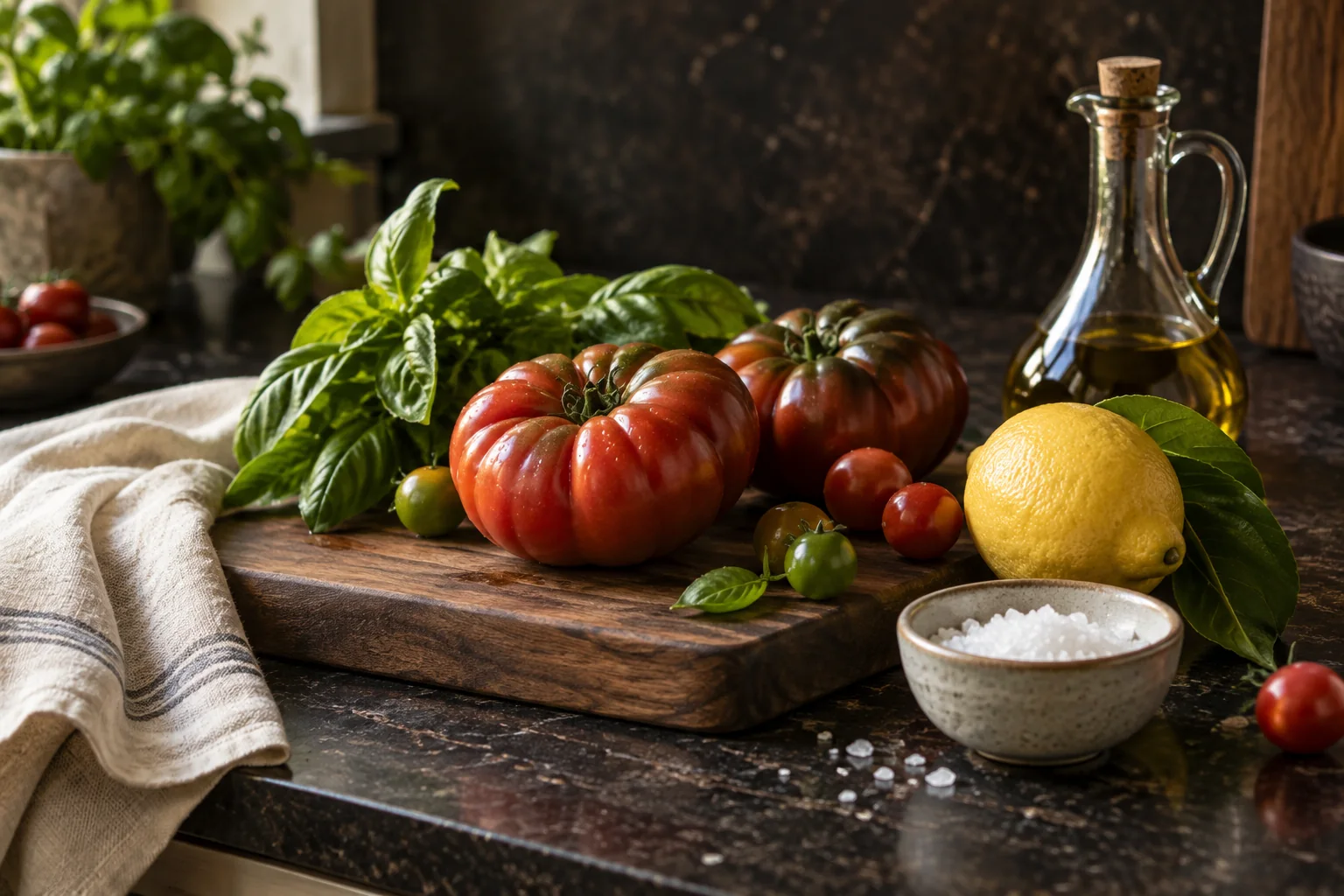 Pomodori, basilico, limone e olio su un tavolo da cucina, immagine illustrativa